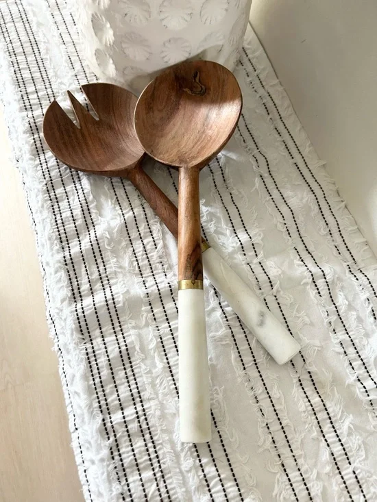 Wood & Marble Salad Server Set White Handles Brass Band - Picture 1 of 4